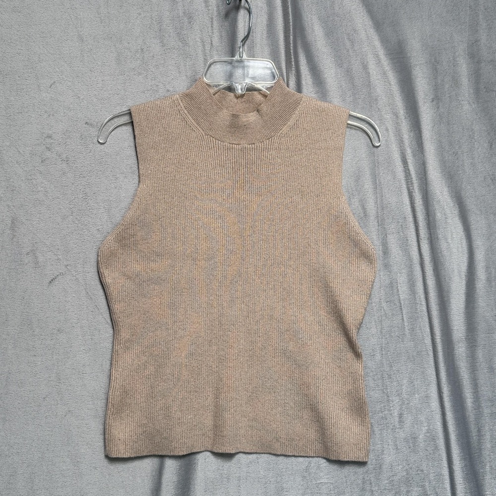 Express Sweater Womens Large Beige Mock Neck Sleeveless Ribbed Knit Metallic